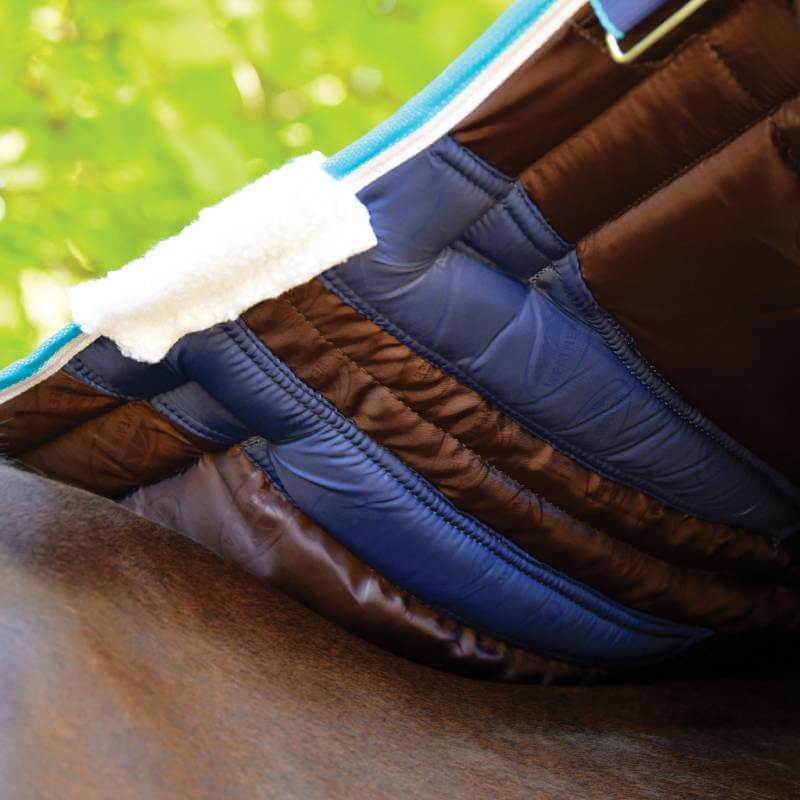 Close-up of a Weatherbeeta Comfitec Ultra Hardi Detach-A-Neck Medium on a horse, greenery behind.