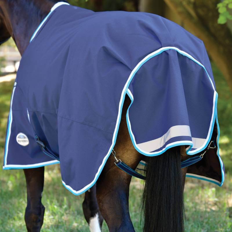 A horse stands outside in a Weatherbeeta Comfitec Ultra Hardi Detach-A-Neck blanket.