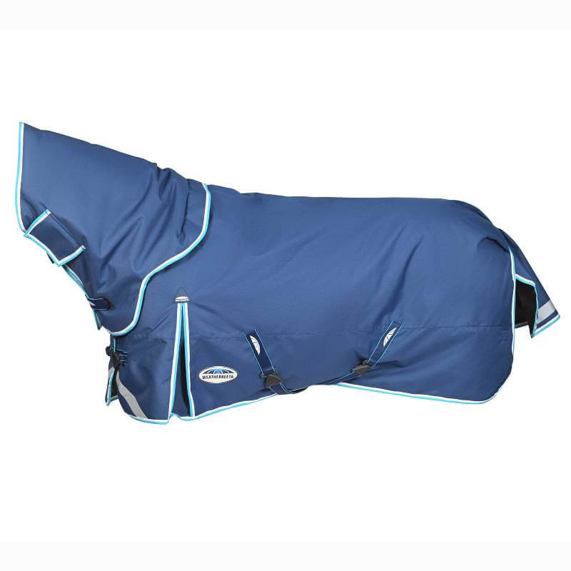 Horse in a Weatherbeeta Comfitec Ultra Hardi Detach-A-Neck blanket, blue, on grass by a fence.