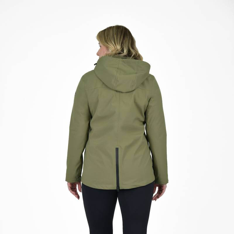 Woman in a Weatherbeeta Florence Fleece Two-For Jacket, Olive Night/Black, faces away.