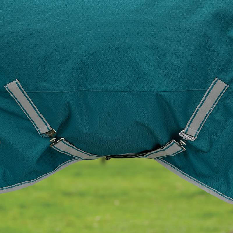 Weatherbeeta Comfitec Plus Dynamic II rug in teal green/stone with gray straps on grassy background.