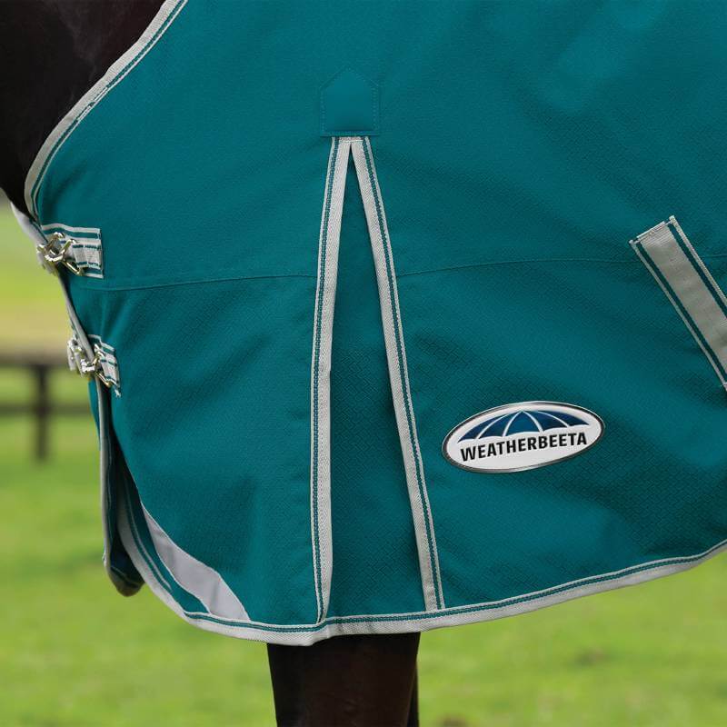 Close-up of a teal Weatherbeeta Comfitec Plus Dynamic II Standard Neck Lite horse rug.
