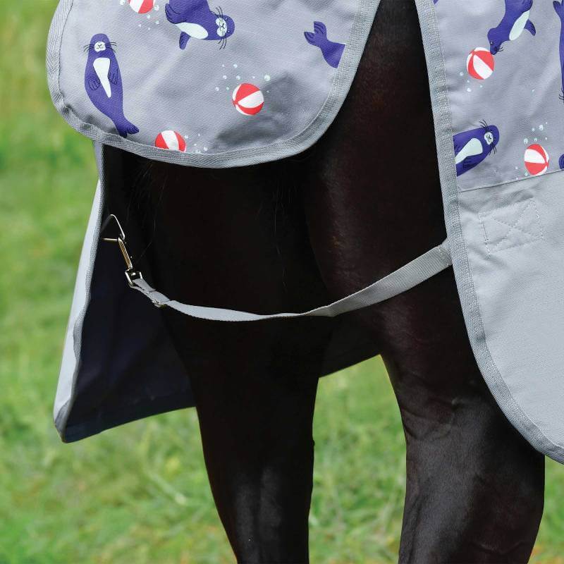 A horse in a Weatherbeeta Comfitec Tyro Lite Plus rug with seal print on gray fabric.