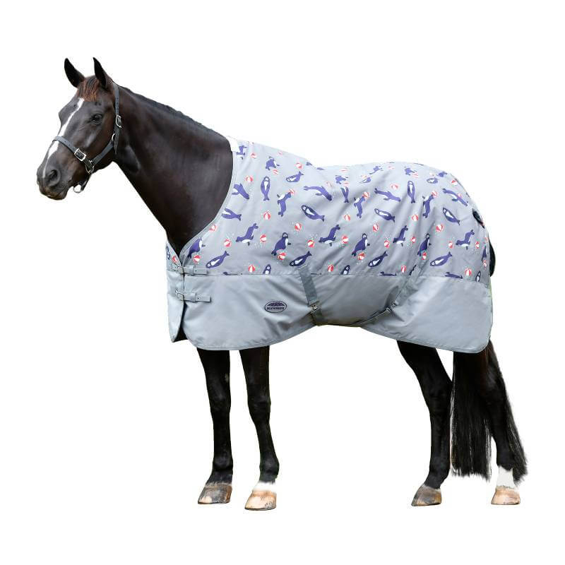 A black horse wears a Weatherbeeta Comfitec Tyro Lite Plus turnout rug with seal print.