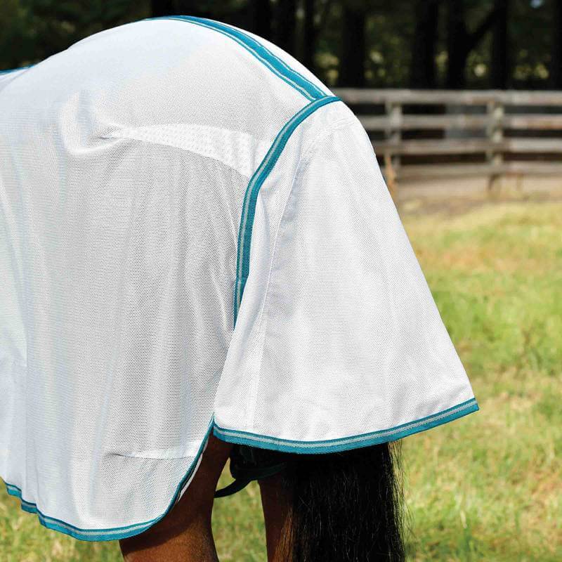 A horse wears the Weatherbeeta Comfitec Zephyr Plus Mesh Combo Neck in a grassy field.