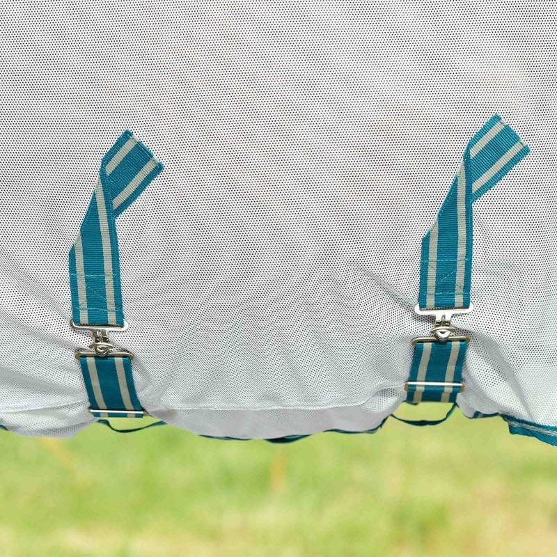 Four teal suspenders clip to a Weatherbeeta Zephyr Plus Mesh Combo Neck in silver/teal green.