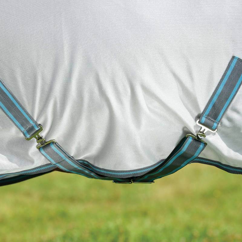 Weatherbeeta Comfitec Essential Mesh II white/grey/blue horse blanket shown on grass.