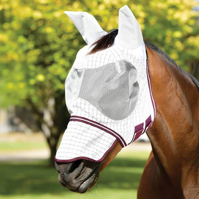 Brown horse outdoors in a Weatherbeeta Hybrid Seasons Fly Mask White/Maroon with ear and nose covers.
