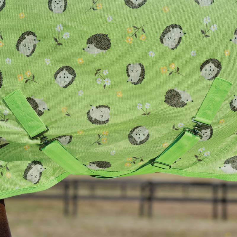 Saxon Mesh Combo Neck fly sheet, hedgehogs & flowers print, bright green straps, metal buckles.