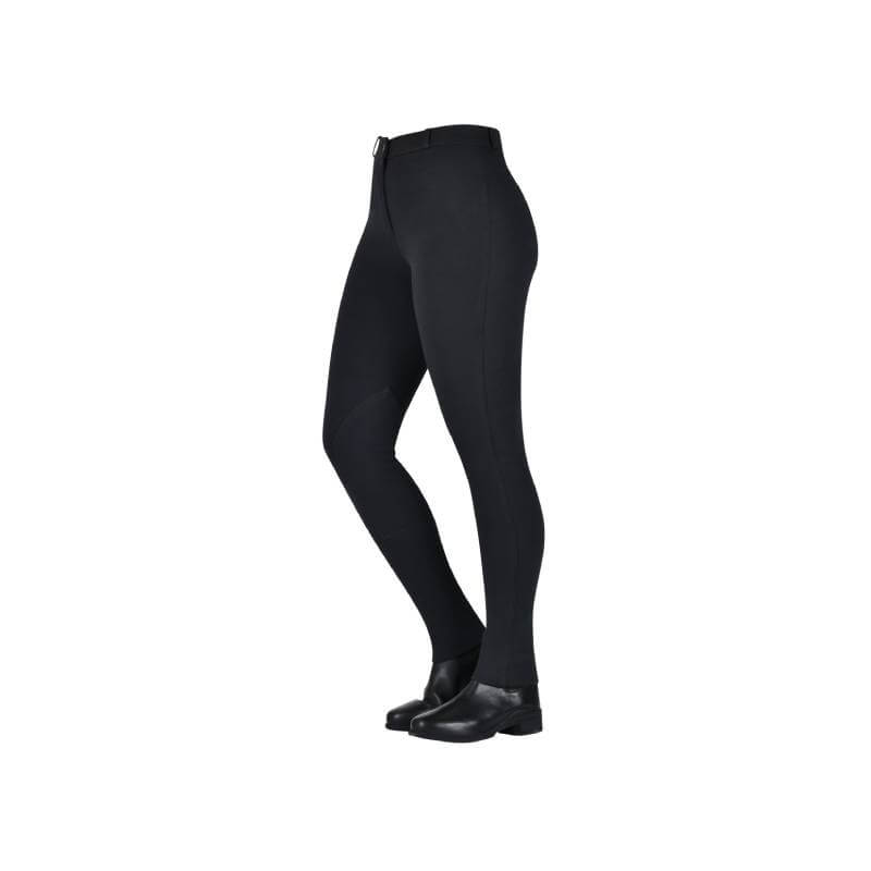 Saxon Warm Up Zip Front Jodhpurs Childs Black, modeled with a belt and black shoes.
