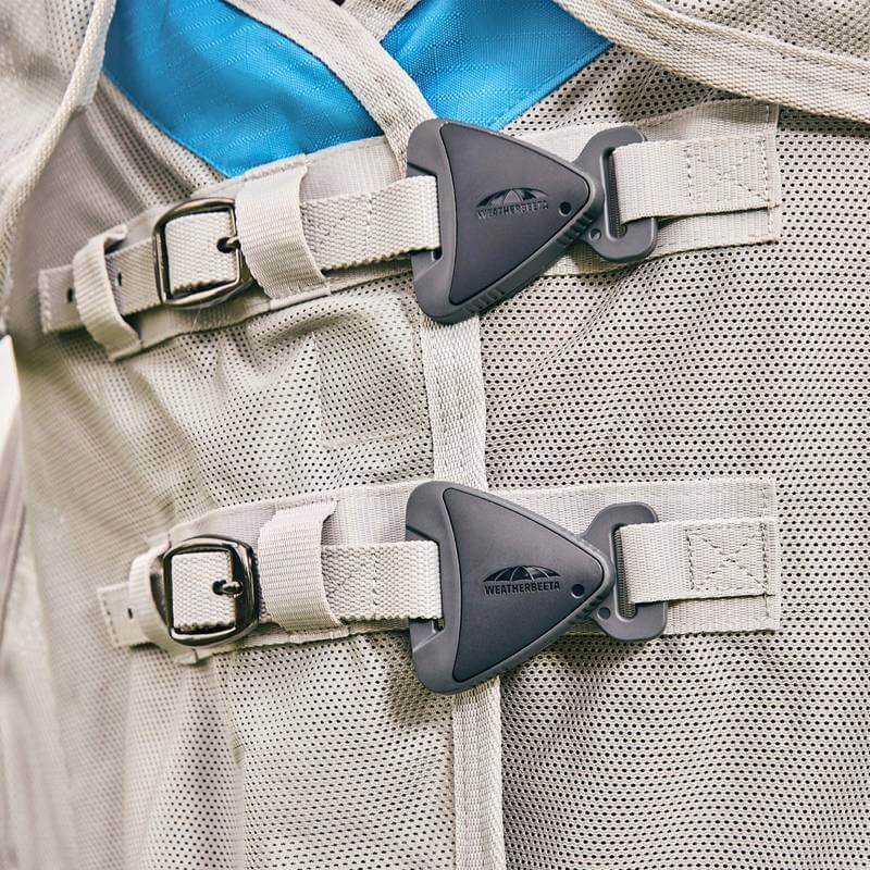 Close-up of two gray straps with black buckles on a Weatherbeeta Comfitec Dual Shield rug.