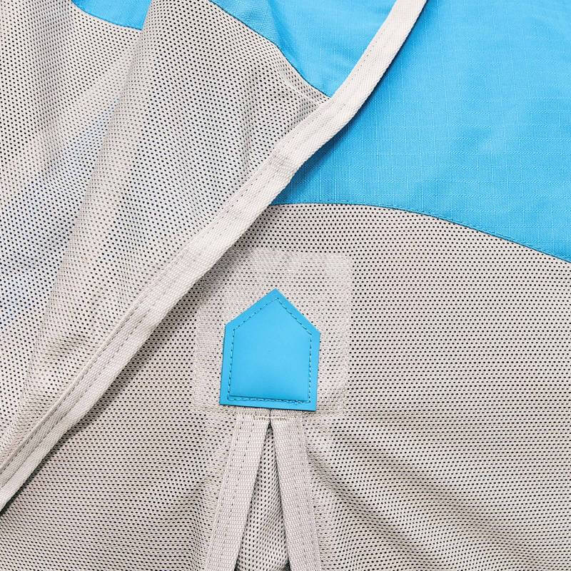 Close-up of Weatherbeeta Comfitec Dual Shield Detach-A-Neck Blue/Grey mesh fabric and patch.