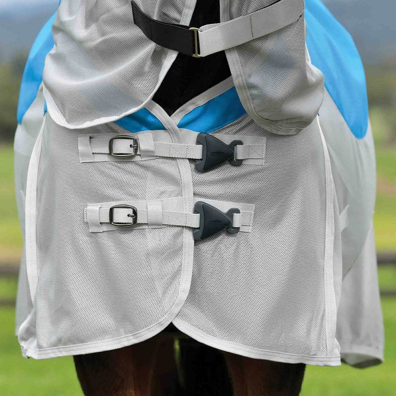Close-up of a horse in the Weatherbeeta Comfitec Dual Shield Detach-A-Neck fly rug.