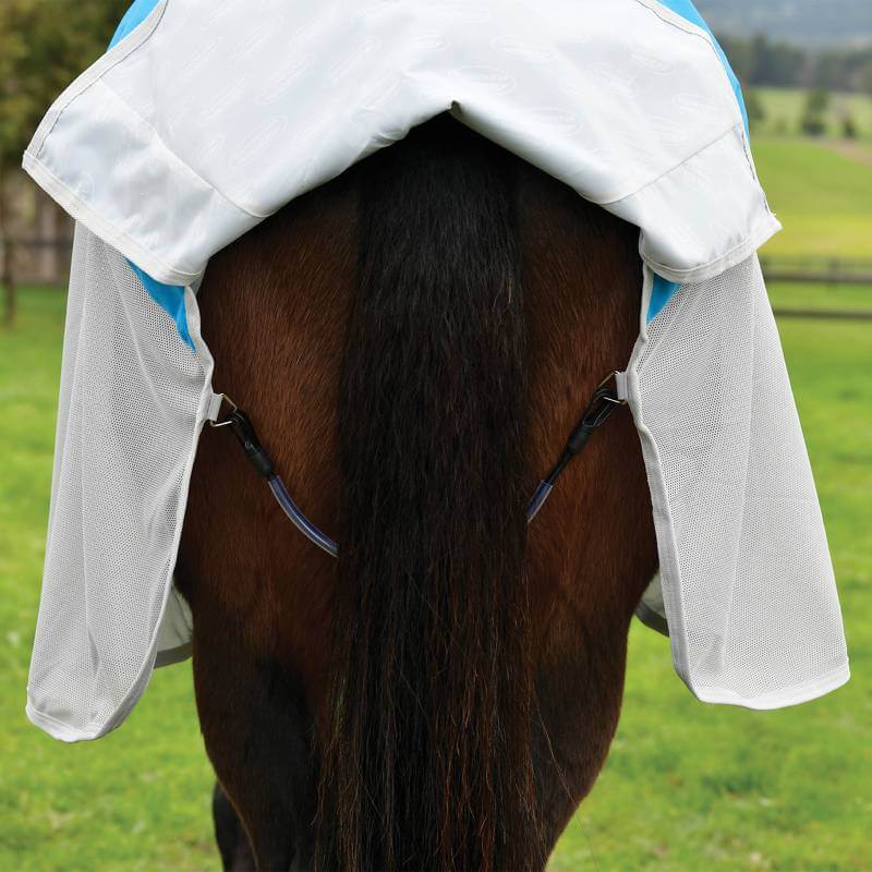 A horse’s hindquarters in a field, wearing the Weatherbeeta Comfitec Dual Shield rug.
