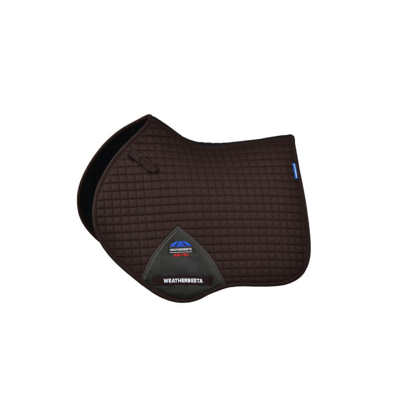 Weatherbeeta Prime Air-Tec Jump Saddle Pad in chocolate with branded patch and blue tag.