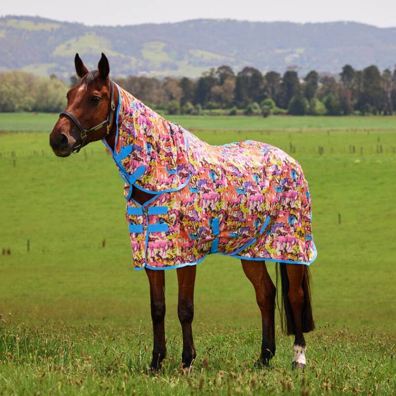 A horse wears the Saxon Mesh Lightweight Combo Fly Rug in a field with hills in the background.