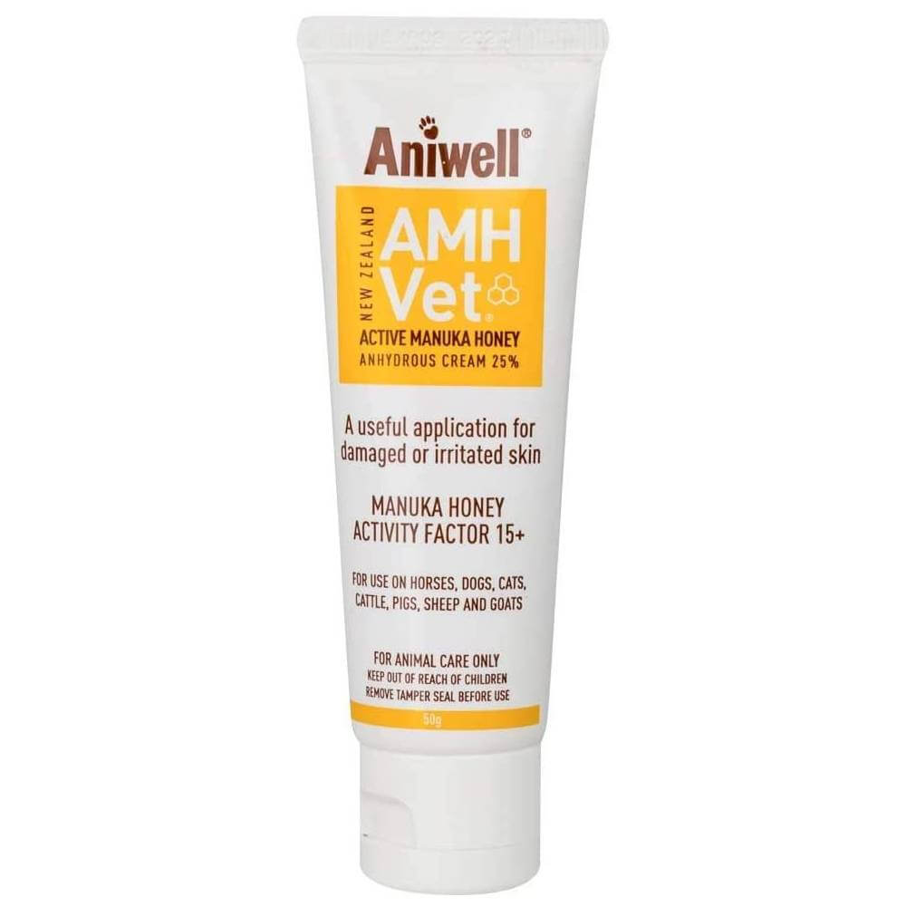Aniwell AMH Vet Active Manuka Honey Cream tube for pets, with yellow and brown text.