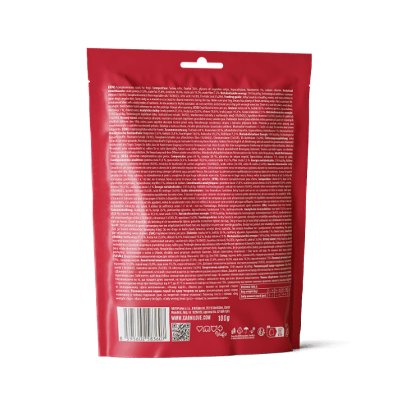 Carnilove Jerky Turkey & Rabbit Dog Treats 100g for adult dogs, with dog illustration.