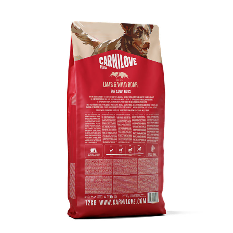Carnilove Active Lamb & Wild Boar Dog Food bag for adults, grain-free, with a dog on label.