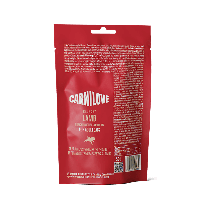 Carnilove Lamb with Blackberries Cat Treats 50g bag with crunchy kibble at the bottom.