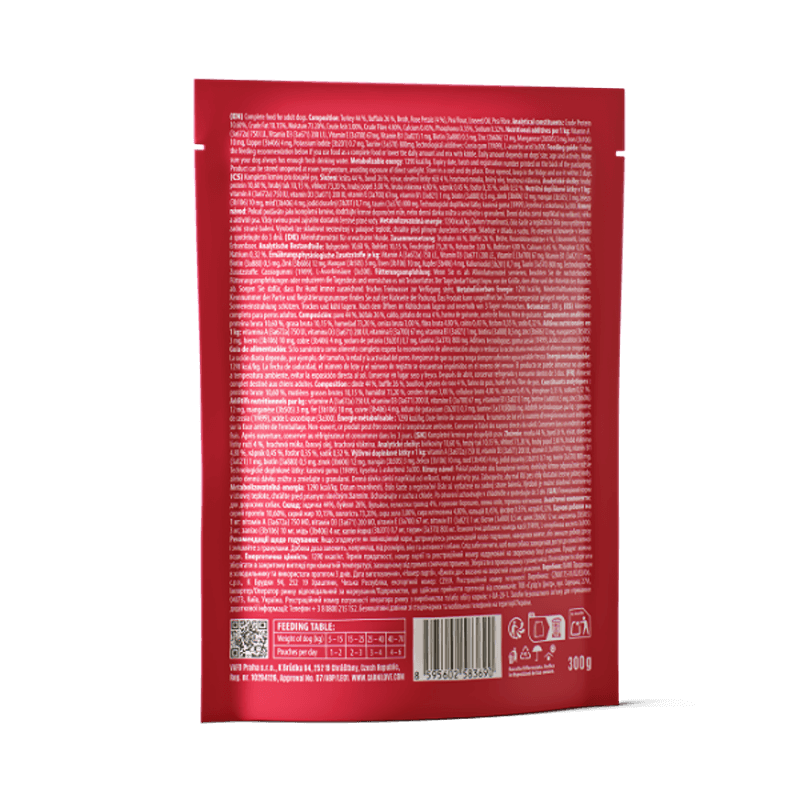 Carnilove Turkey & Buffalo with Rose Petals Dog Food Pouch 300g, featuring an illustrated dog.