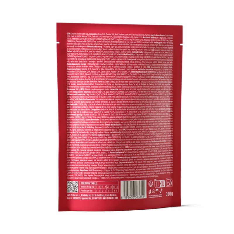Carnilove Turkey & Pheasant with Raspberry Leaves Dog Food Pouch 300g for adult dogs.