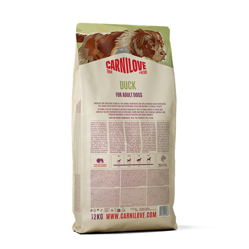 Carnilove True Fresh Duck Dog Food, 12kg bag for adult dogs, features a dog on the package.