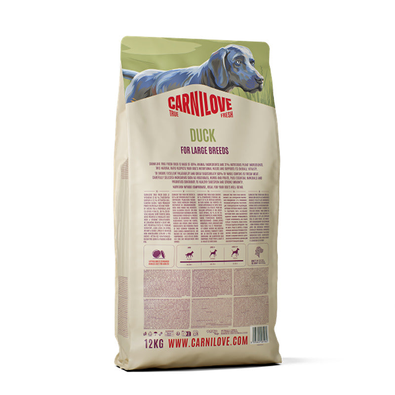 Carnilove True Fresh Duck Large Breed Dog Food, grain-free, 12kg with dog illustration.