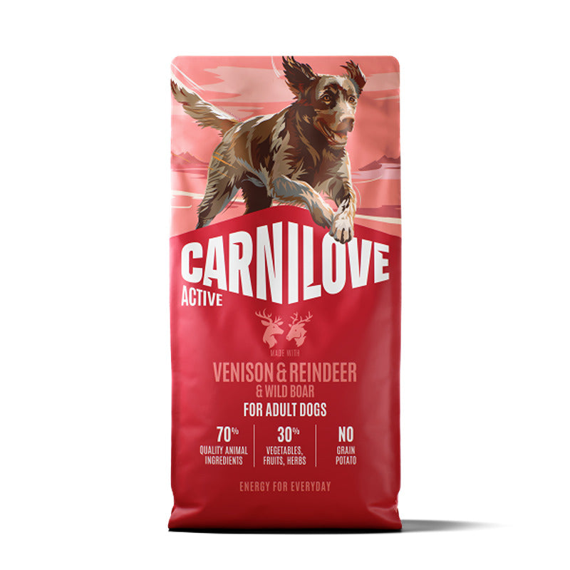 Red bag of Carnilove Active Venison, Reindeer & Wild Boar Dog Food for active dogs.