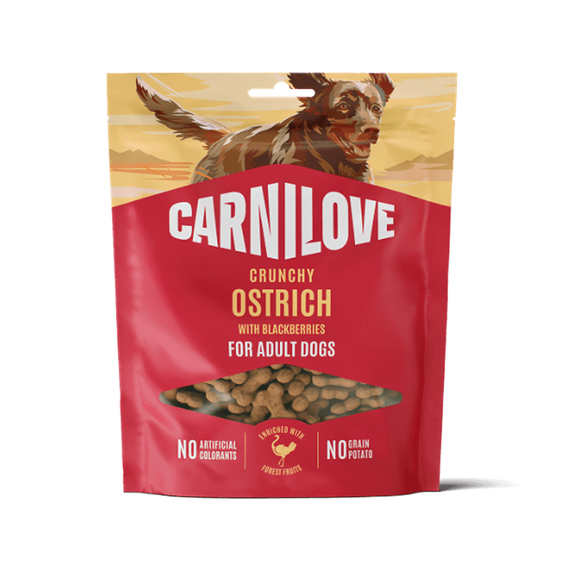 Carnilove Ostrich with Blackberries Dog Treats 200g—grain-free, crunchy treats for adult dogs.