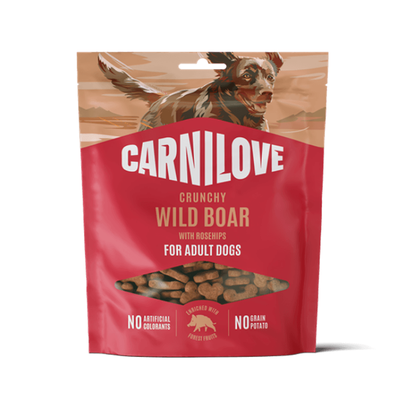 Carnilove Wild Boar with Rosehips Dog Treats 200g bag for adult dogs, illustrated packaging.