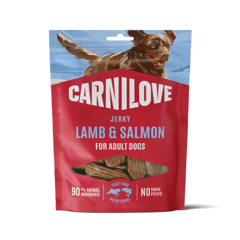 Carnilove Jerky Lamb & Salmon Fillet Dog Treats 100g bag with dog illustration and details.