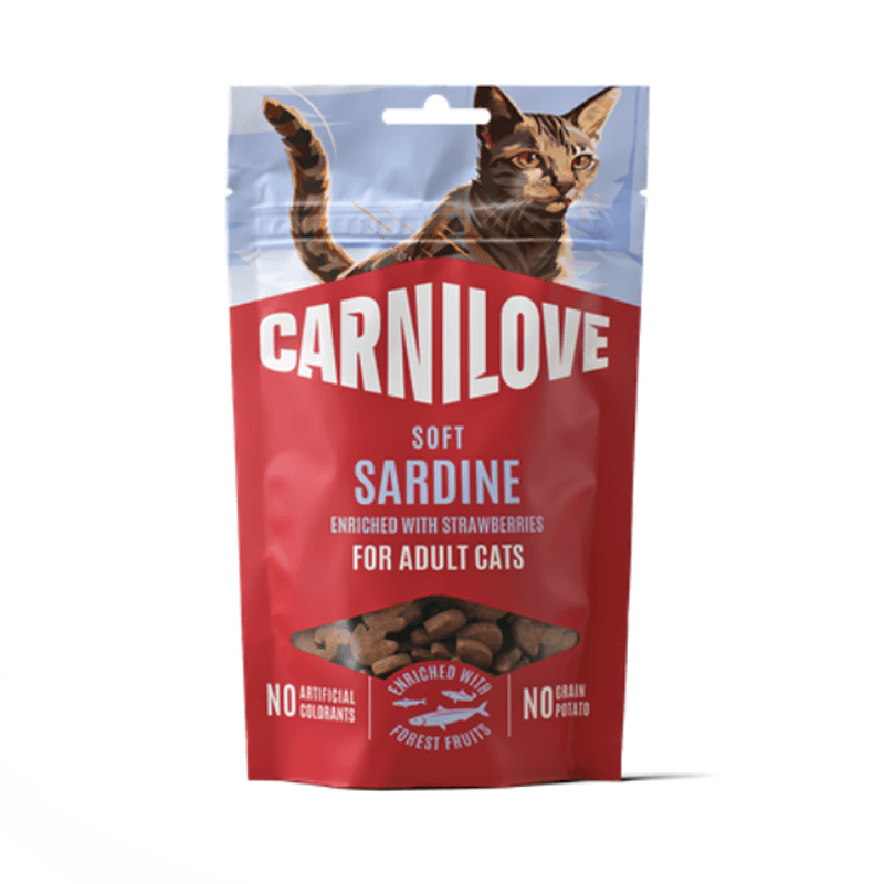 Carnilove Sardine with Strawberry Cat Treats 12x50g, grain-free treats for adult cats.