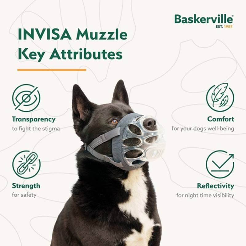 A black dog wears a Baskerville Invisa Muzzle; key features are shown nearby.