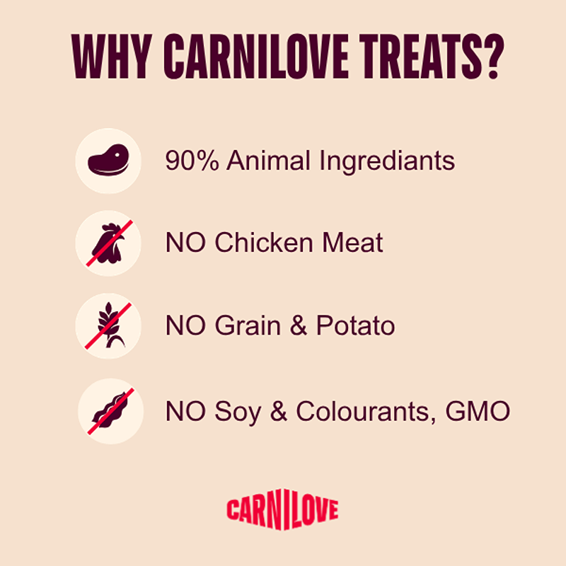 Infographic: Carnilove Jerky Beef Fillet Dog Treats—90% animal, no chicken, grain, or GMO.