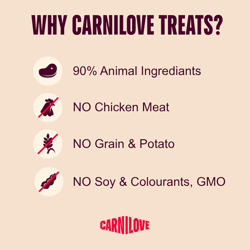 Carnilove Jerky Turkey & Rabbit Dog Treats: hypoallergenic ingredients infographic on beige.