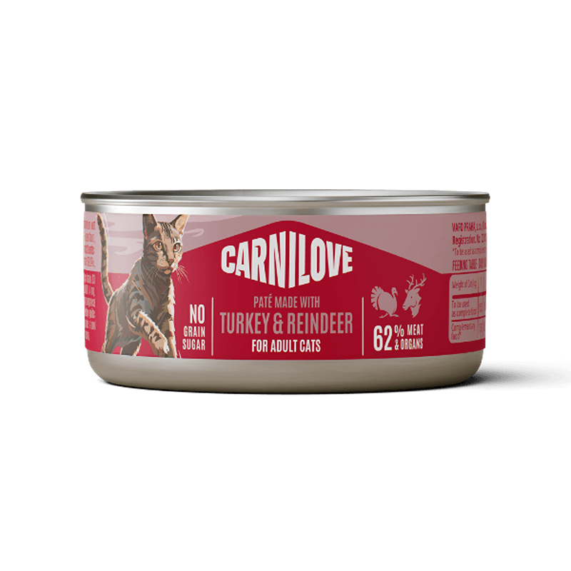Carnilove Turkey & Reindeer Adult Cat Food 100g Can, grain-free pate for adult cats.