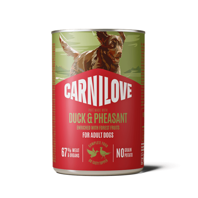 Carnilove Duck & Pheasant Dog Food 400g Can features a running dog illustration.