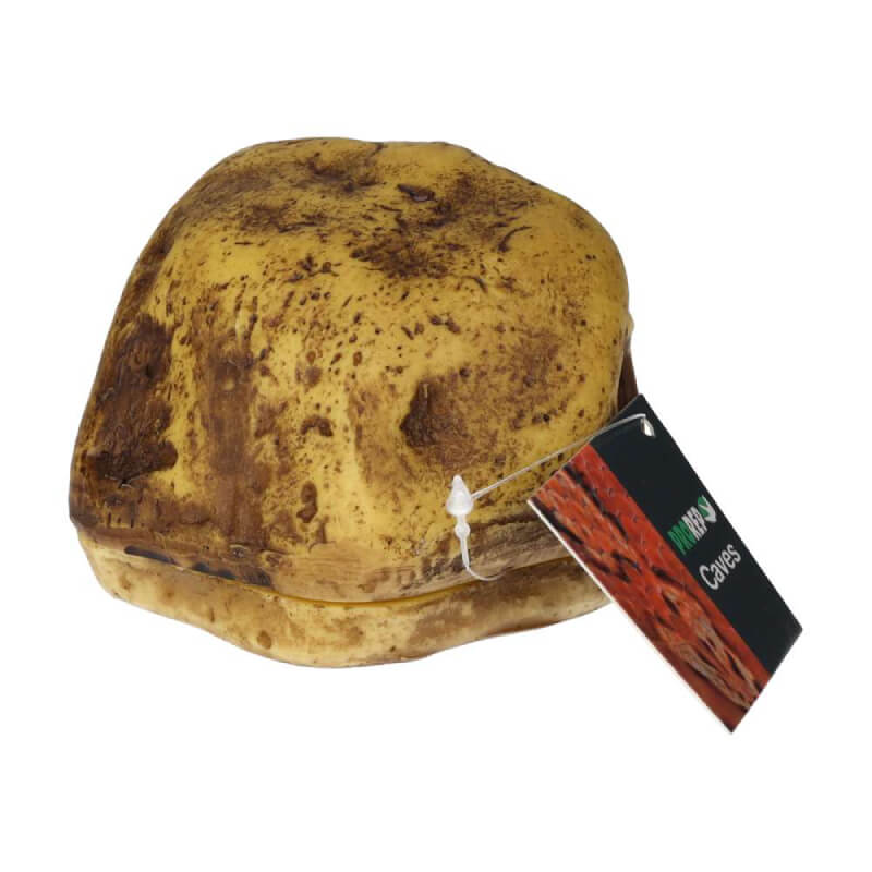 A medium ProRep Rock Shedding Cave, 12x10x8cm, irregular brown with a tag attached.