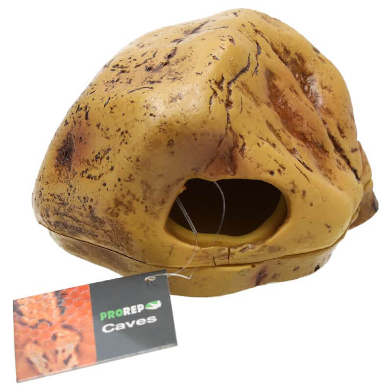 ProRep Rock Shedding Cave Medium 12x10x8cm, yellow with entrance hole and ProRep tag attached.