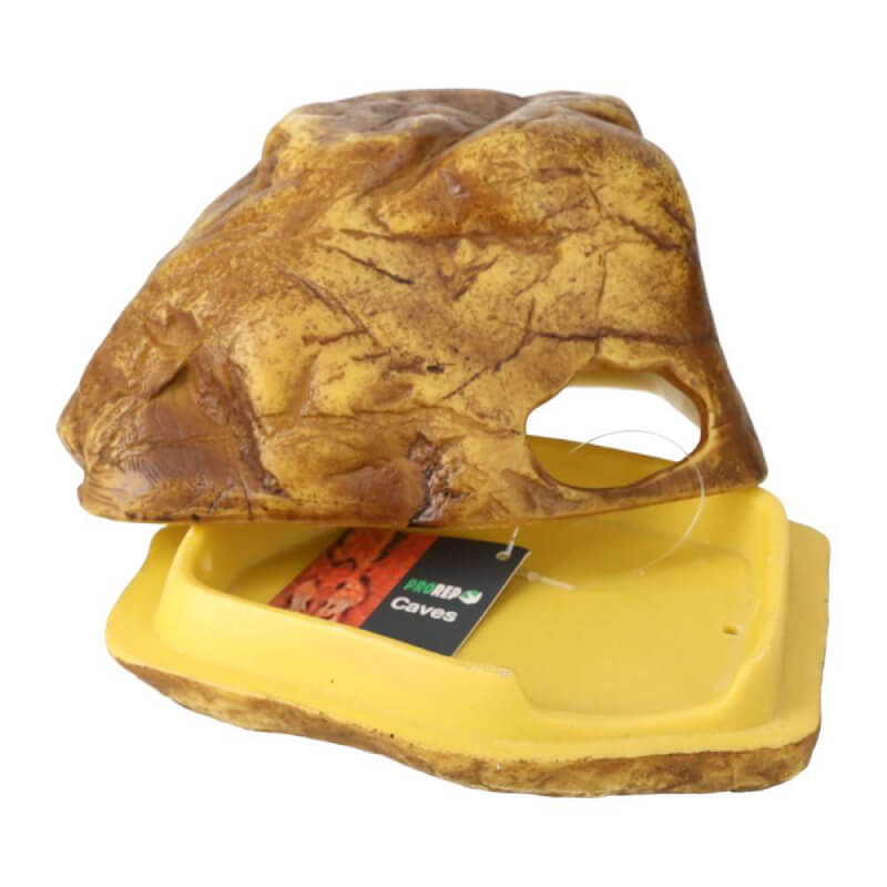 ProRep Rock Shedding Cave 16x12x11cm in yellow-brown with side entrance and lifted lid.