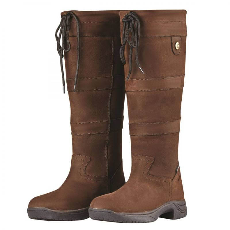 Dublin River Boots III: tall brown waterproof leather boots with laces & side button detail.