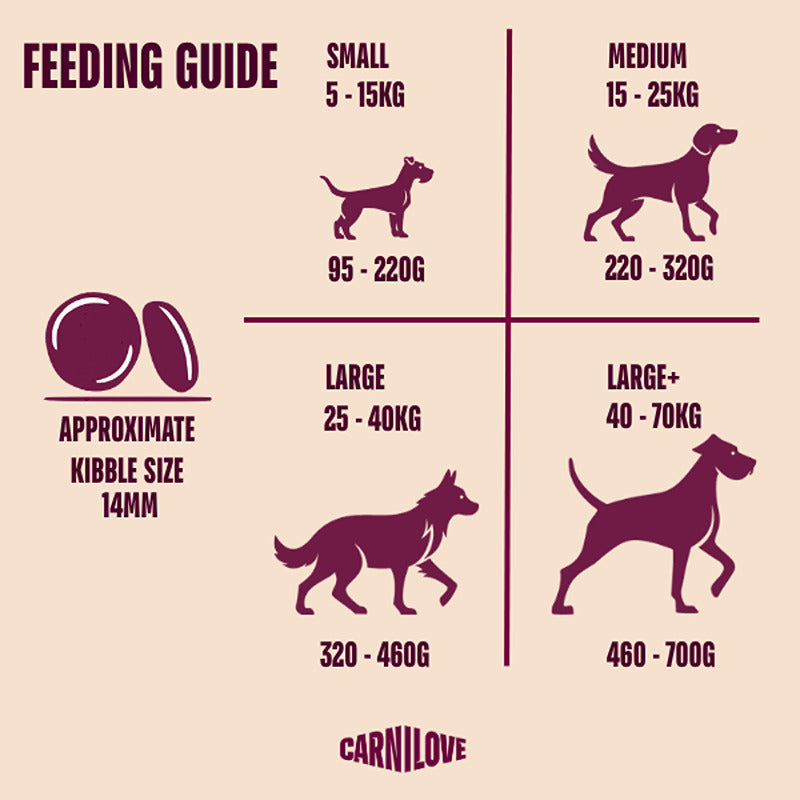 Carnilove Active Lamb & Wild Boar dog food feeding chart by weight with daily grams.