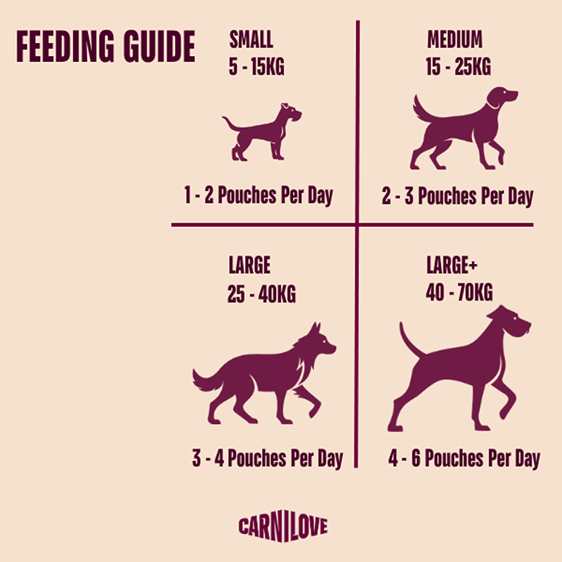 Carnilove Turkey & Quail Dog Food 300g feeding guide by dog size, with silhouettes.