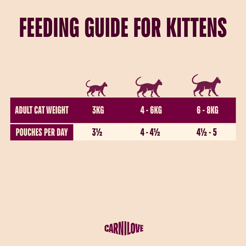 Carnilove Jelly Rabbit Kitten Food 85g: feeding chart by adult weight and daily wet pouches.