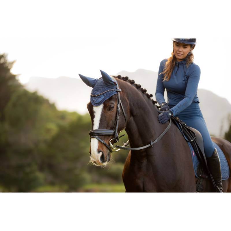 LeMieux Classic Fly Hood Atlantic: blue crochet fly hood with fabric ears and logo patch.