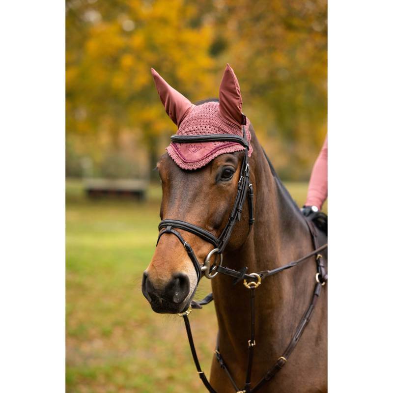 LeMieux Classic Fly Hood Orchid—crocheted with fabric ears, ideal for competitive riders.