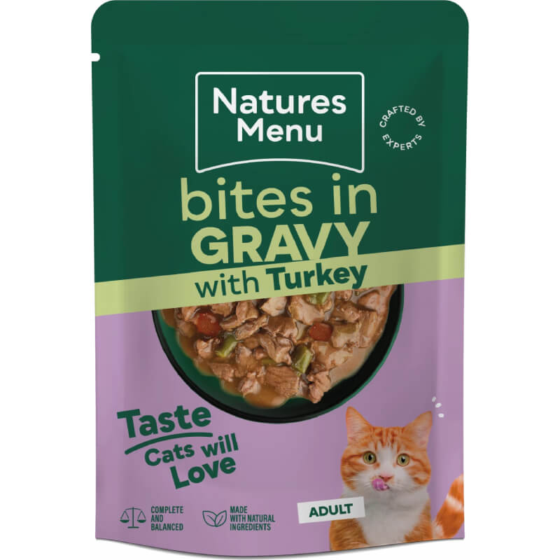 Natures Menu Bites in Gravy Cat Pouch Multipack 24x85g, turkey flavor, with orange cat image.