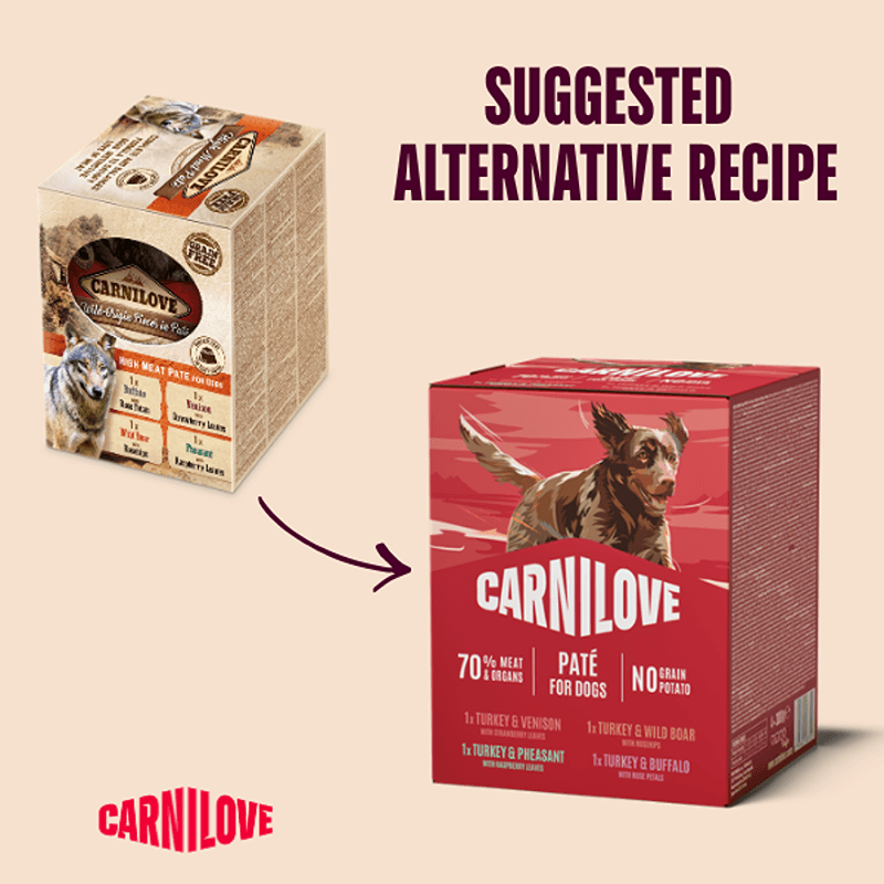 Red box of Carnilove Multipack Dog Food Pouch 4x300g with an illustrated brown dog.