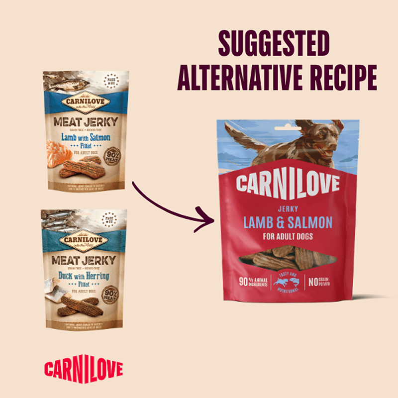 Two Carnilove Jerky Lamb & Salmon Fillet 100g bags point to a larger adult dog treats bag.